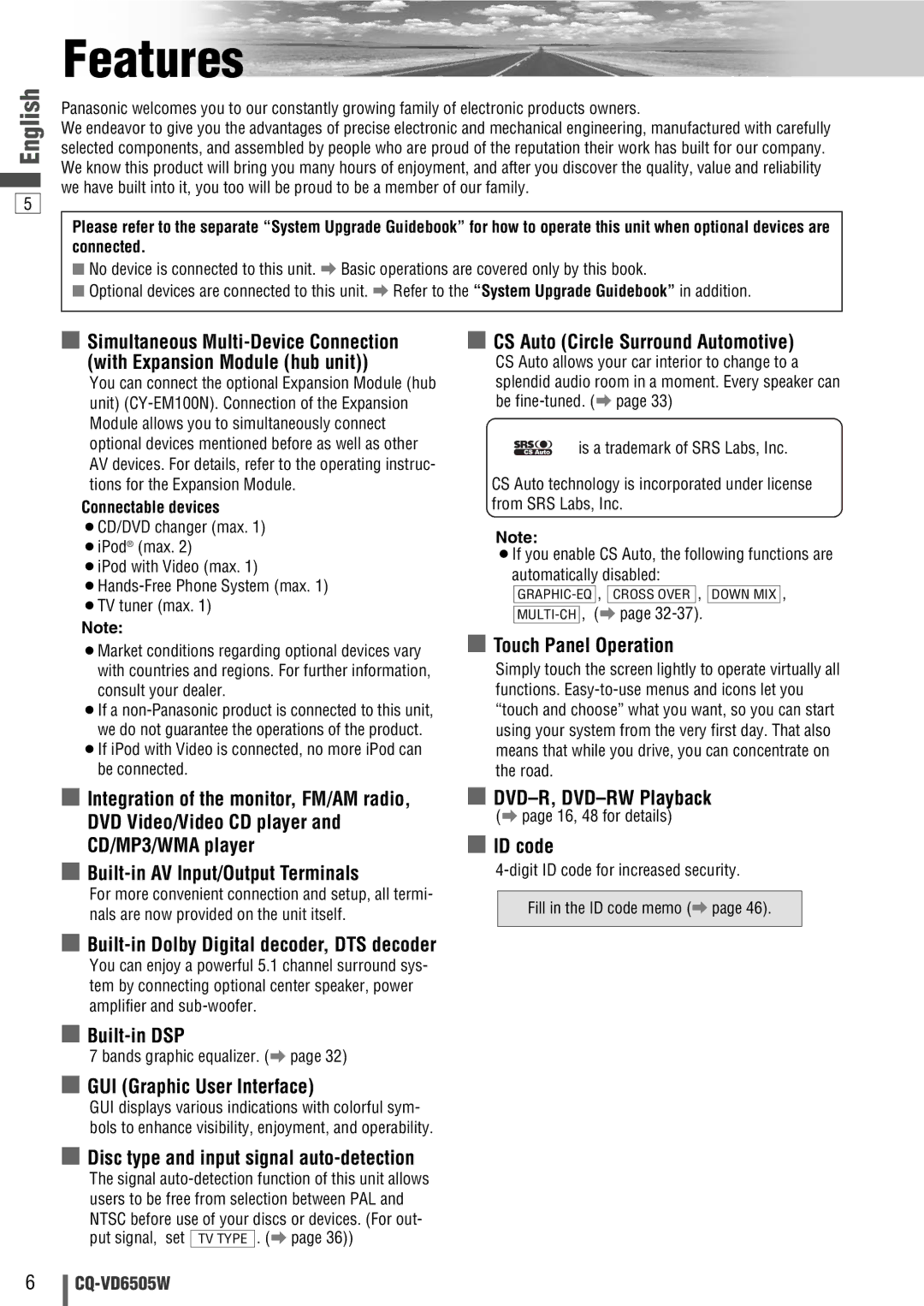 Panasonic CQ-VD6505W manual Features, Connectable devices 