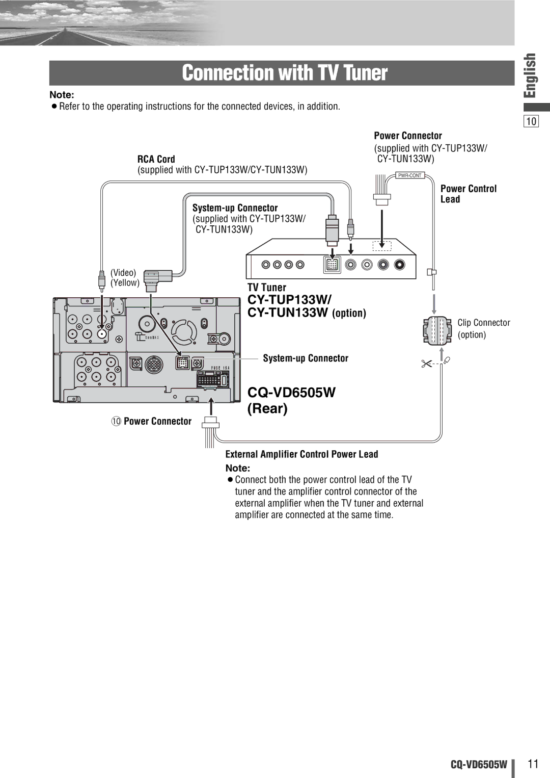 Panasonic CQ-VD6505W manual Connection with TV Tuner, CY-TUP133W, CY-TUN133W option 