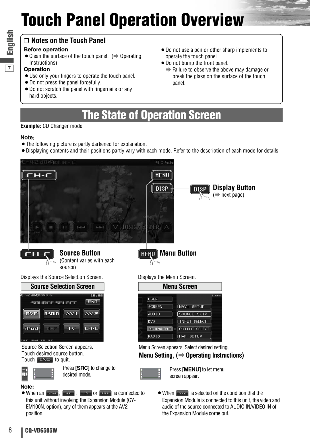 Panasonic CQ-VD6505W manual Touch Panel Operation Overview, Menu Setting, a Operating Instructions 