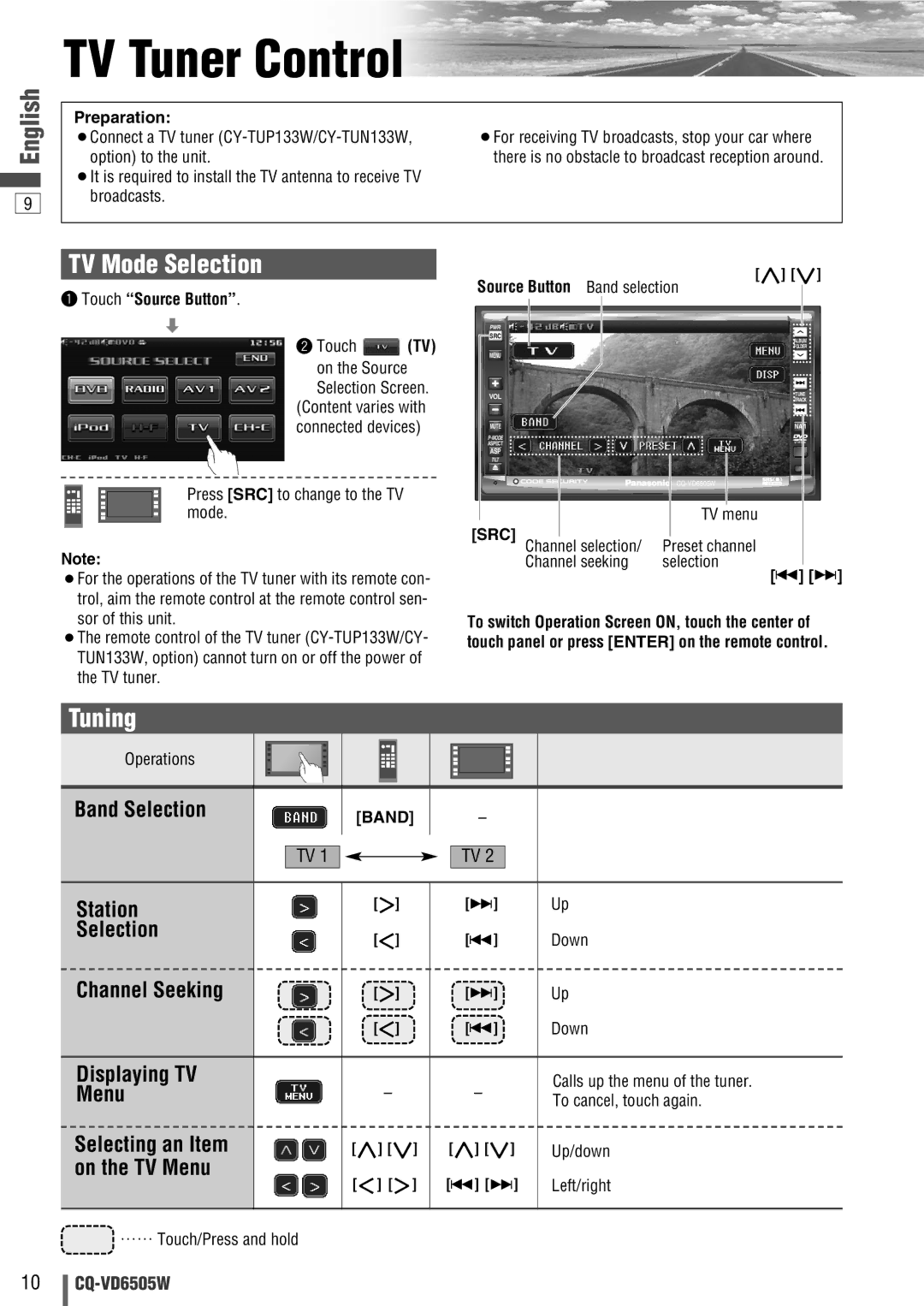 Panasonic CQ-VD6505W manual TV Tuner Control, TV Mode Selection 