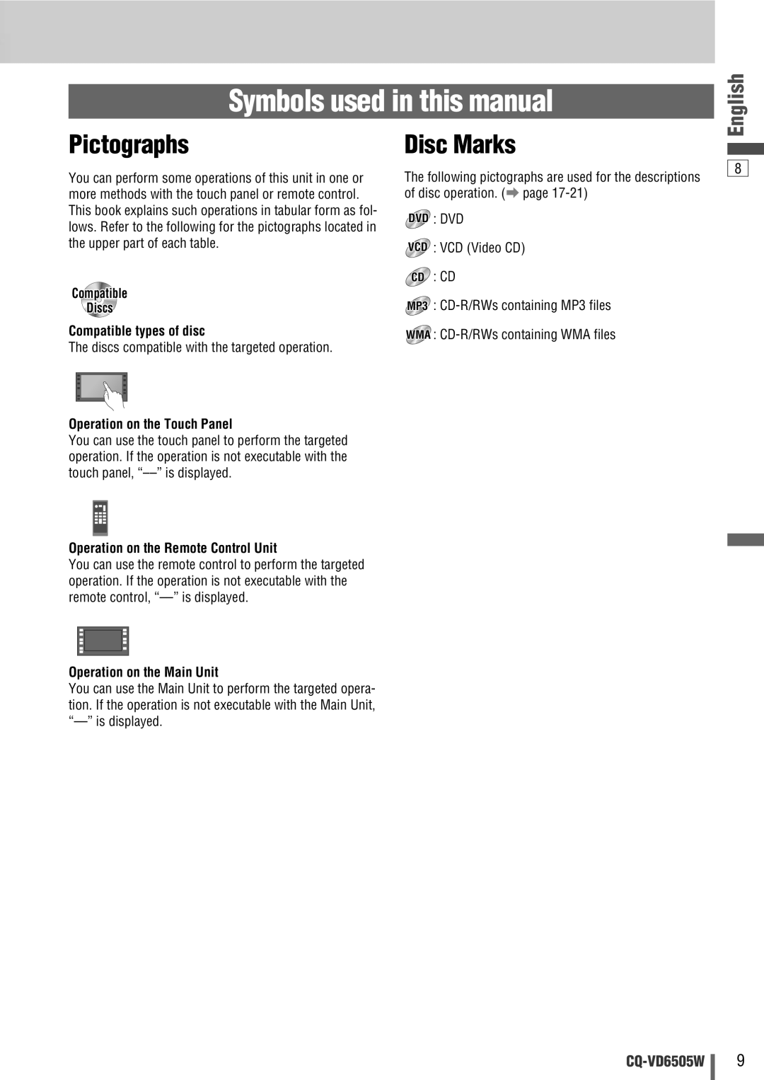 Panasonic CQ-VD6505W Symbols used in this manual, Pictographs, Disc Marks 