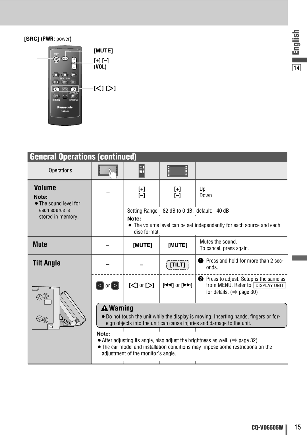 Panasonic CQ-VD6505W manual Volume, Mute, Tilt Angle 