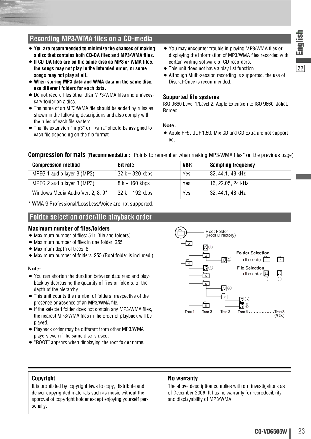 Panasonic CQ-VD6505W manual Supported file systems, Maximum number of files/folders, Copyright, No warranty, Vbr 