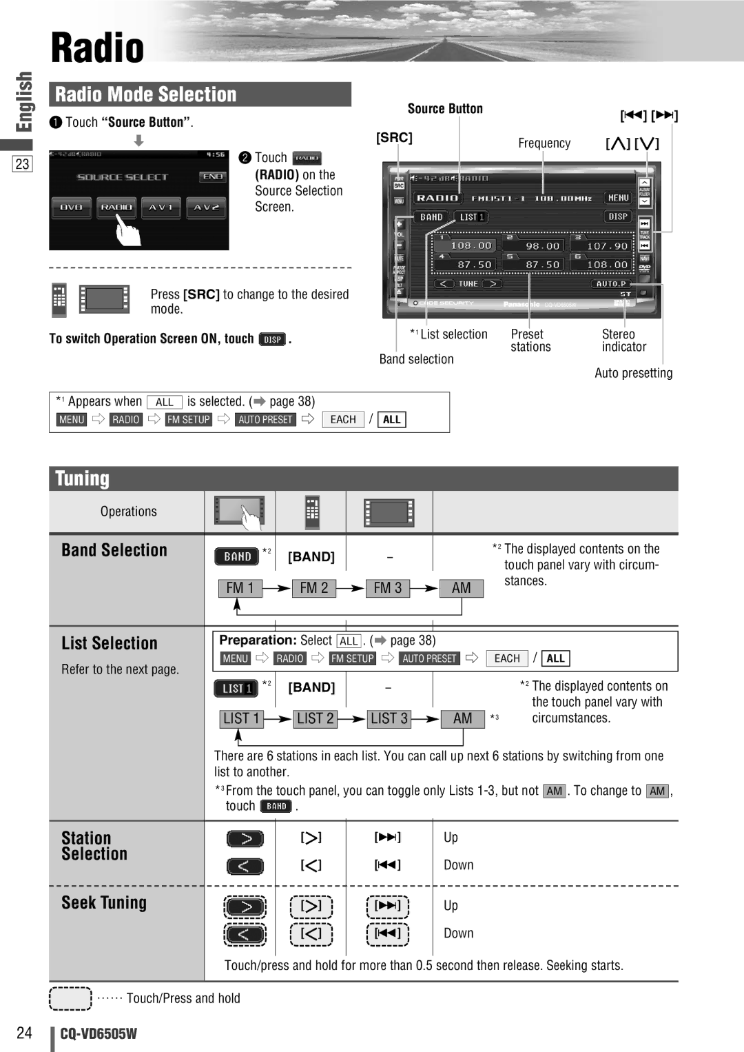 Panasonic CQ-VD6505W manual Radio Mode Selection, Tuning 