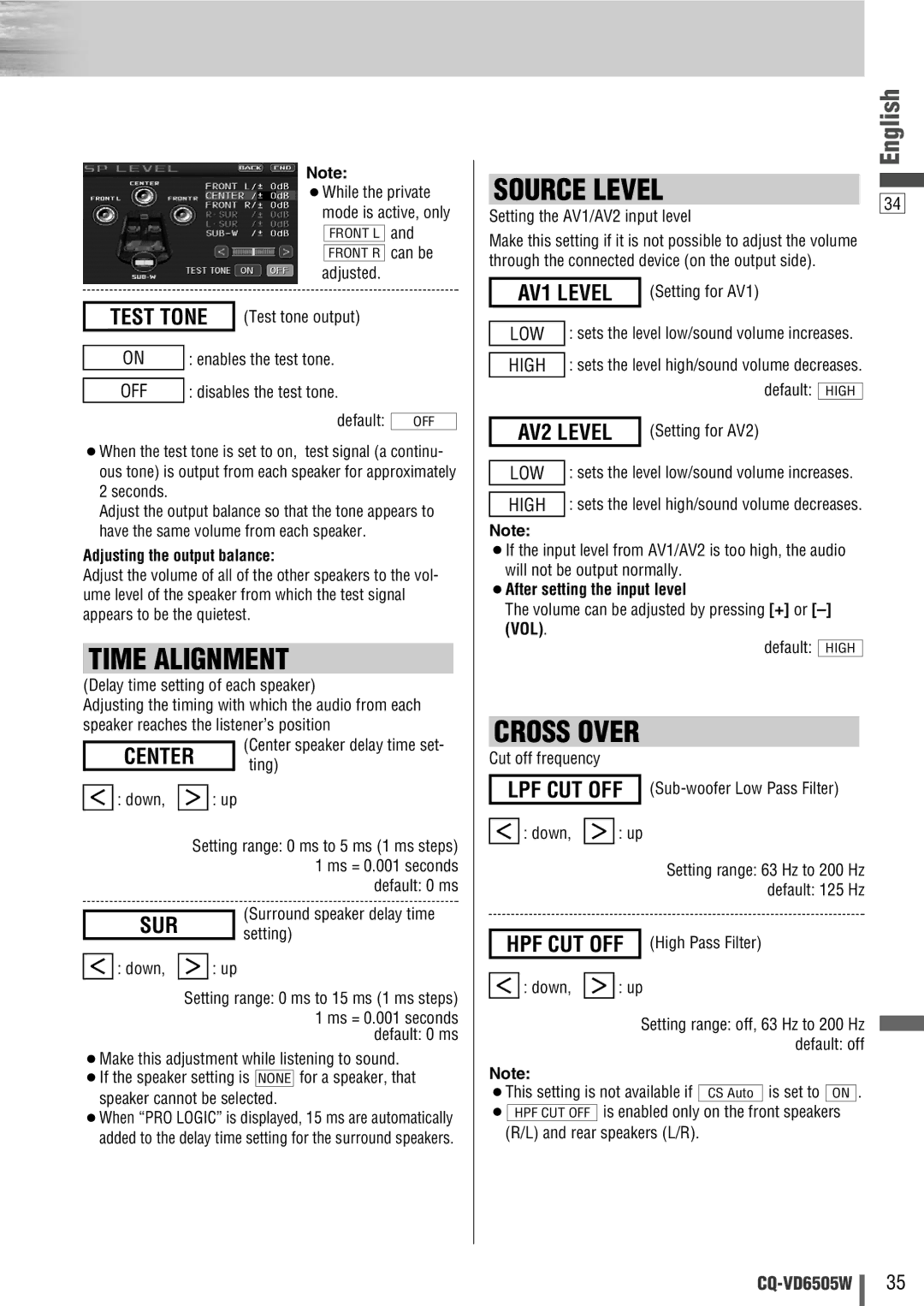 Panasonic CQ-VD6505W manual Center ting, AV1 Level, AV2 Level, Adjusting the output balance, ¡After setting the input level 