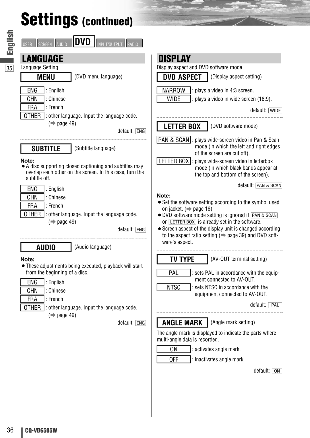 Panasonic CQ-VD6505W manual Menu, Subtitle, Audio 