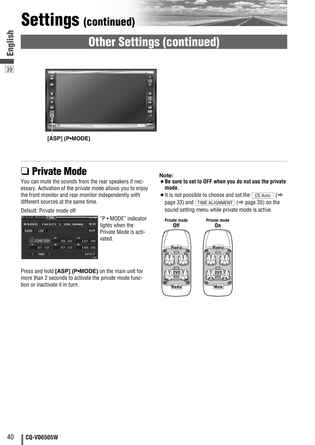 Panasonic CQ-VD6505W manual Private Mode, ASP Pmode, ¡Be sure to set to OFF when you do not use the private mode 