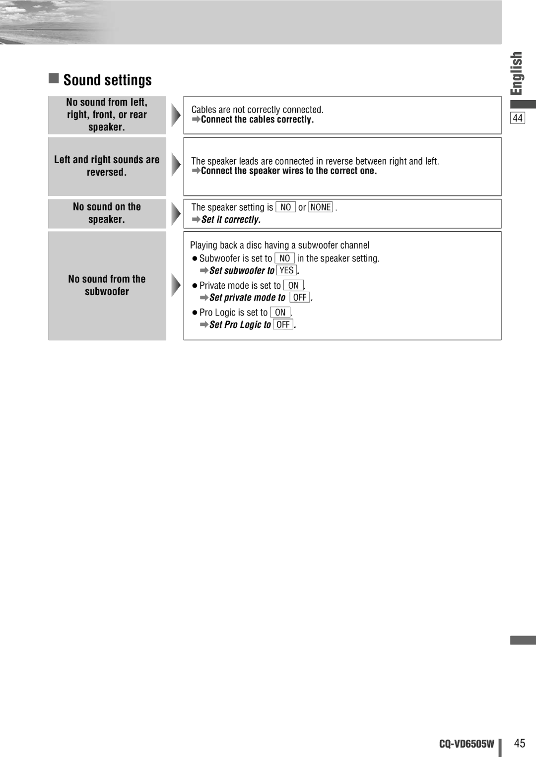 Panasonic CQ-VD6505W manual Sound settings, AConnect the cables correctly, AConnect the speaker wires to the correct one 