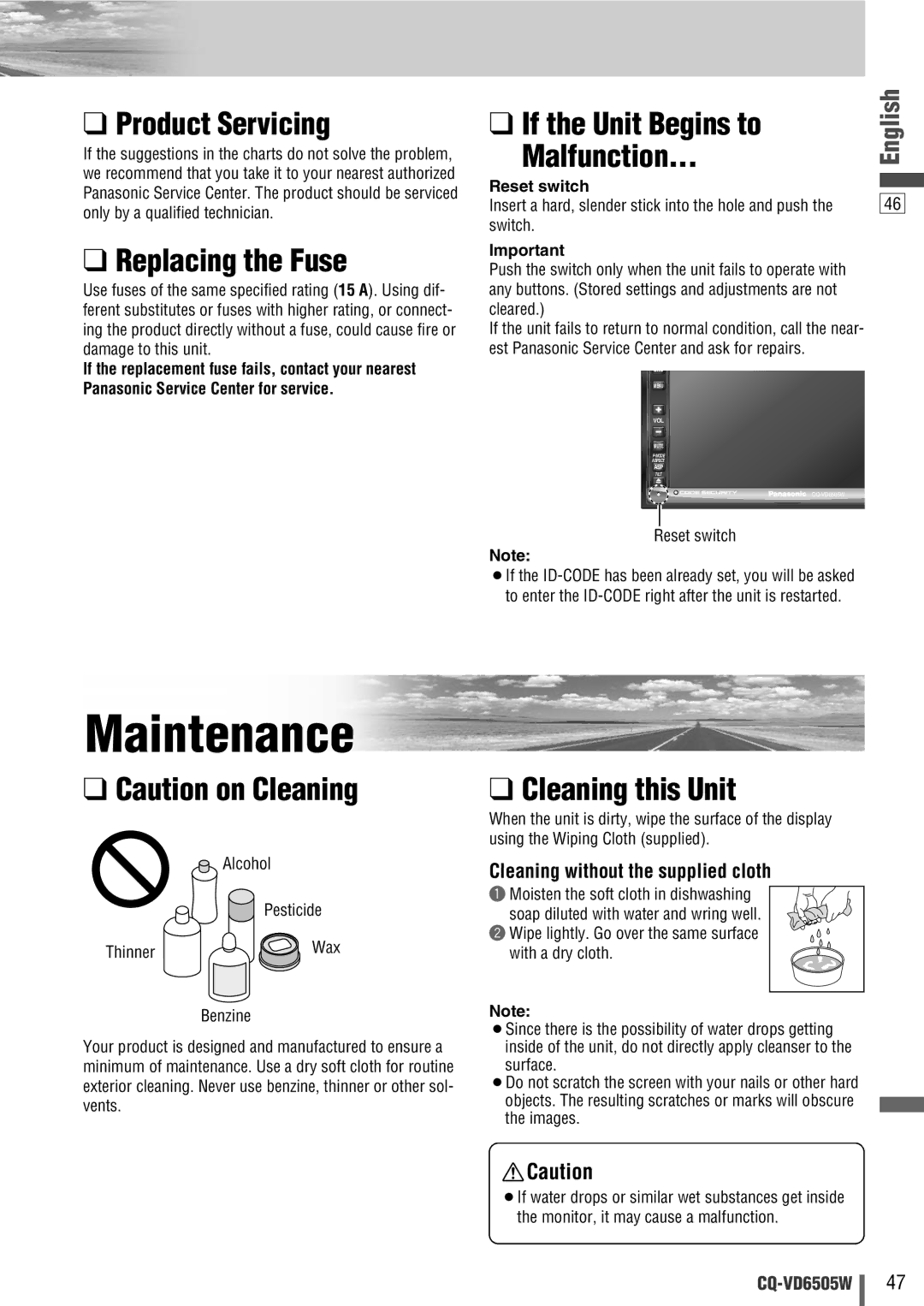 Panasonic CQ-VD6505W manual Maintenance 