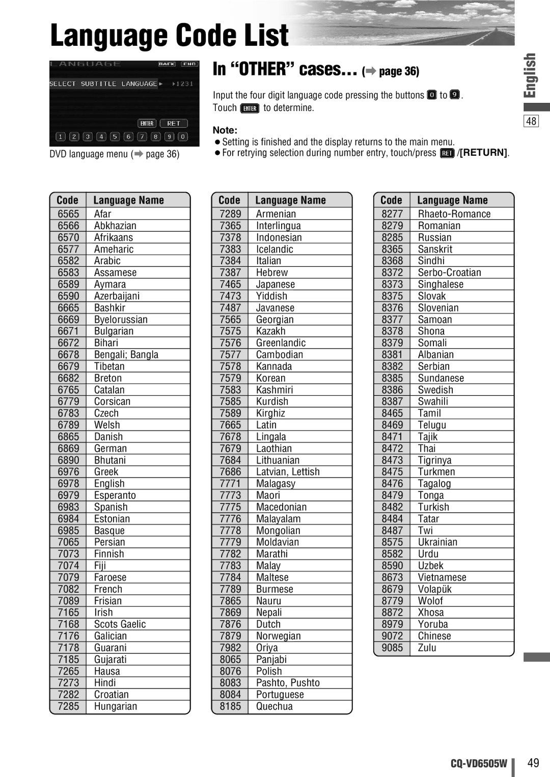 Panasonic CQ-VD6505W manual Language Code List, Other cases... a, Code Language Name 