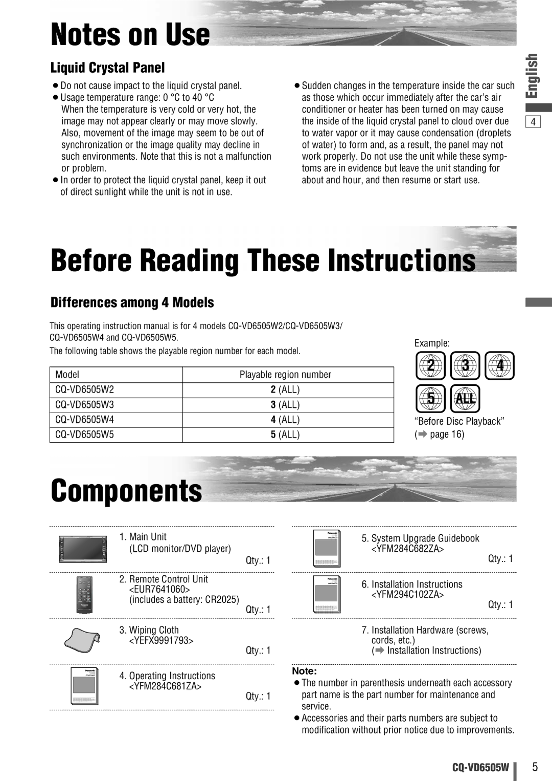 Panasonic CQ-VD6505W manual Before Reading These Instructions, Components 