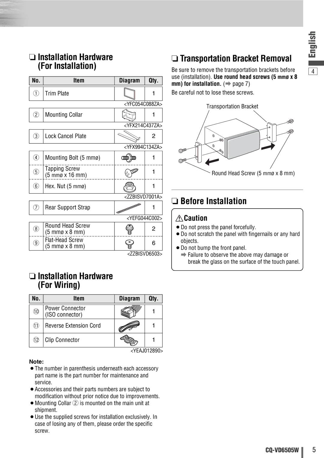 Panasonic CQ-VD6505W manual Before Installation, Installation Hardware For Installation, Installation Hardware For Wiring 