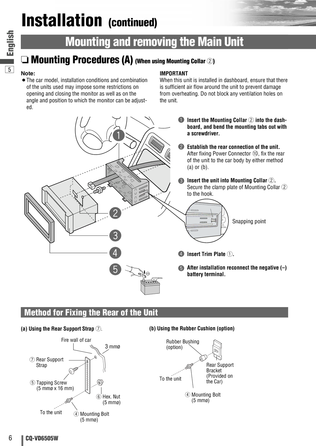 Panasonic CQ-VD6505W manual Mounting and removing the Main Unit, Method for Fixing the Rear of the Unit 