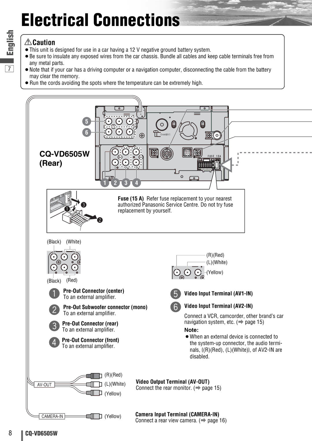 Panasonic CQ-VD6505W manual Electrical Connections 