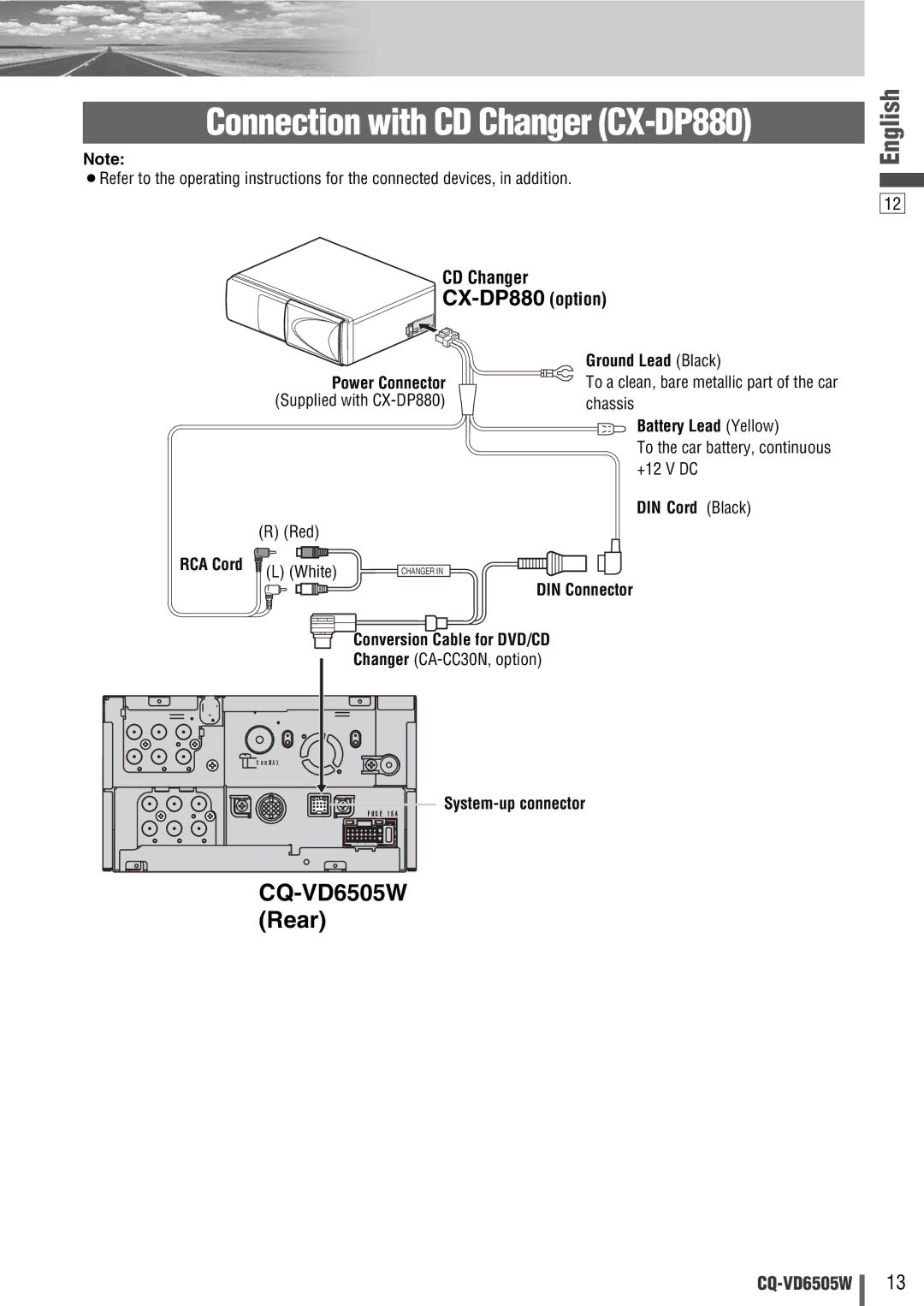 Panasonic CQ-VD6505W manual Connection with CD Changer CX-DP880, CX-DP880 option, Battery Lead Yellow 