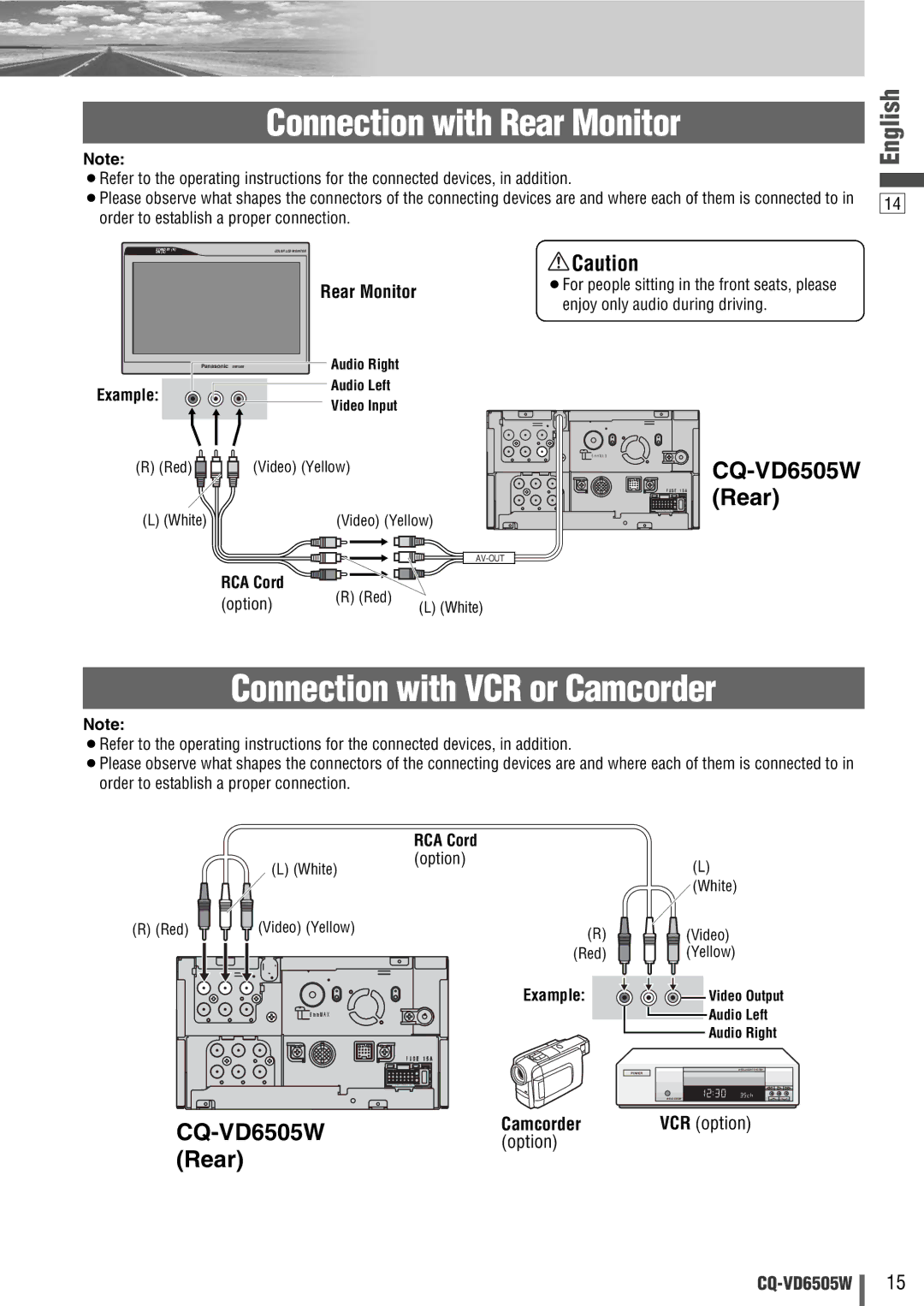 Panasonic CQ-VD6505W manual Connection with Rear Monitor, Connection with VCR or Camcorder, Option, Example 