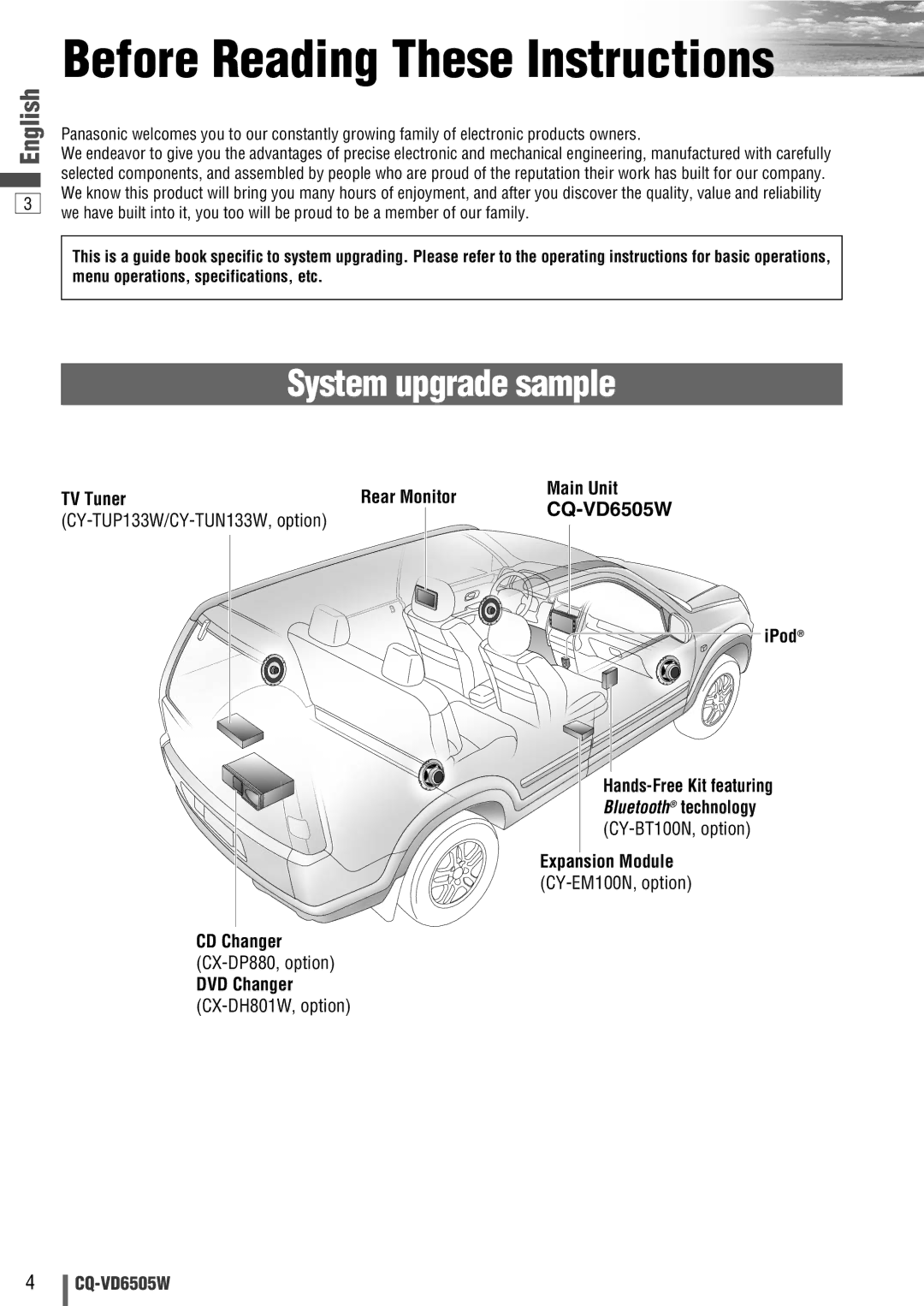 Panasonic CQ-VD6505W manual System upgrade sample, TV Tuner Rear Monitor Main Unit, CY-TUP133W/CY-TUN133W, option IPod 