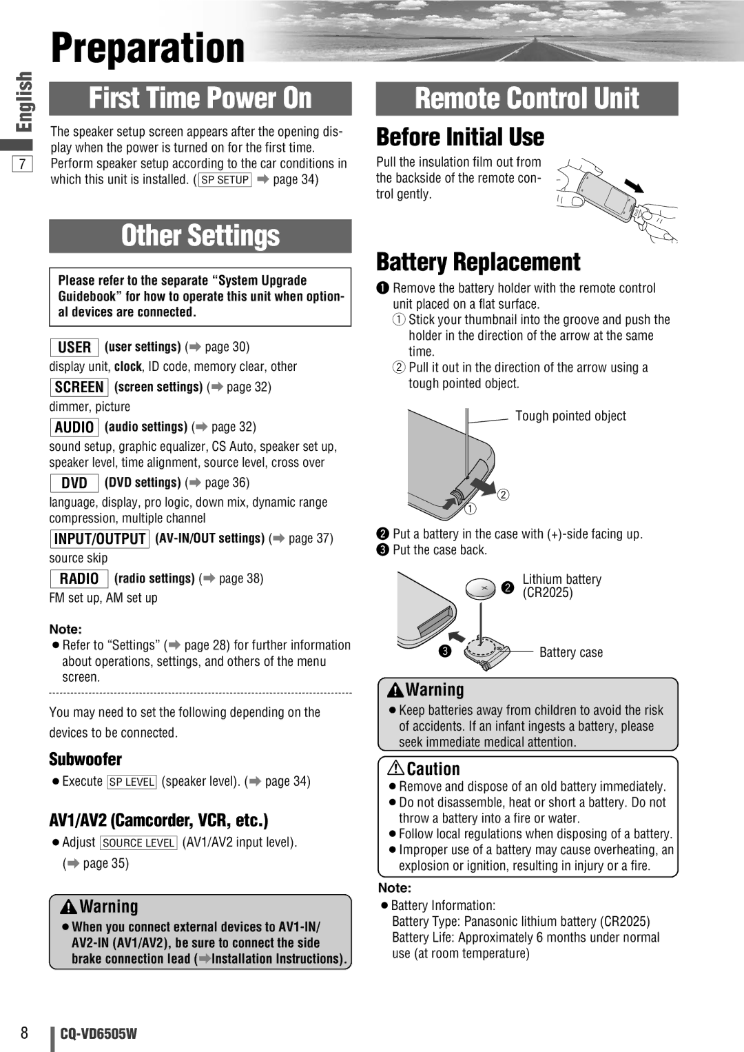 Panasonic CQ-VD6505W manual Preparation, Other Settings, Remote Control Unit, Before Initial Use, Battery Replacement 