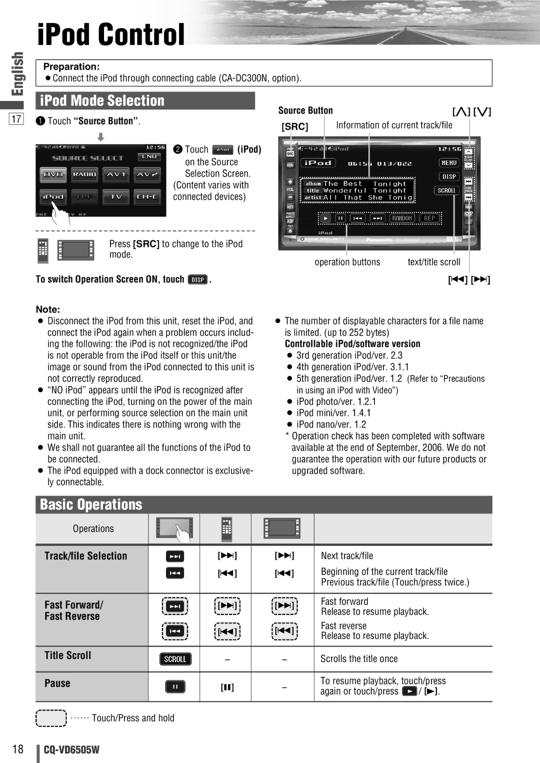 Panasonic CQ-VD6505W manual IPod Control, IPod Mode Selection, Title Scroll 