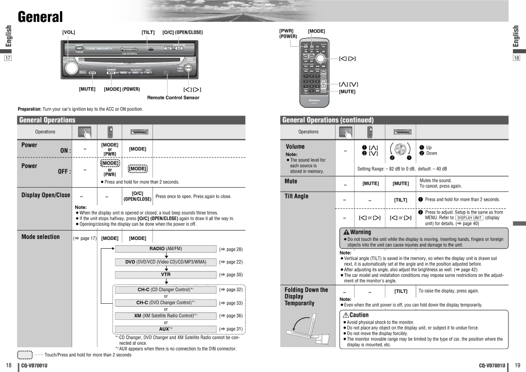 Panasonic CQ-VD7001U warranty General Operations, Off 