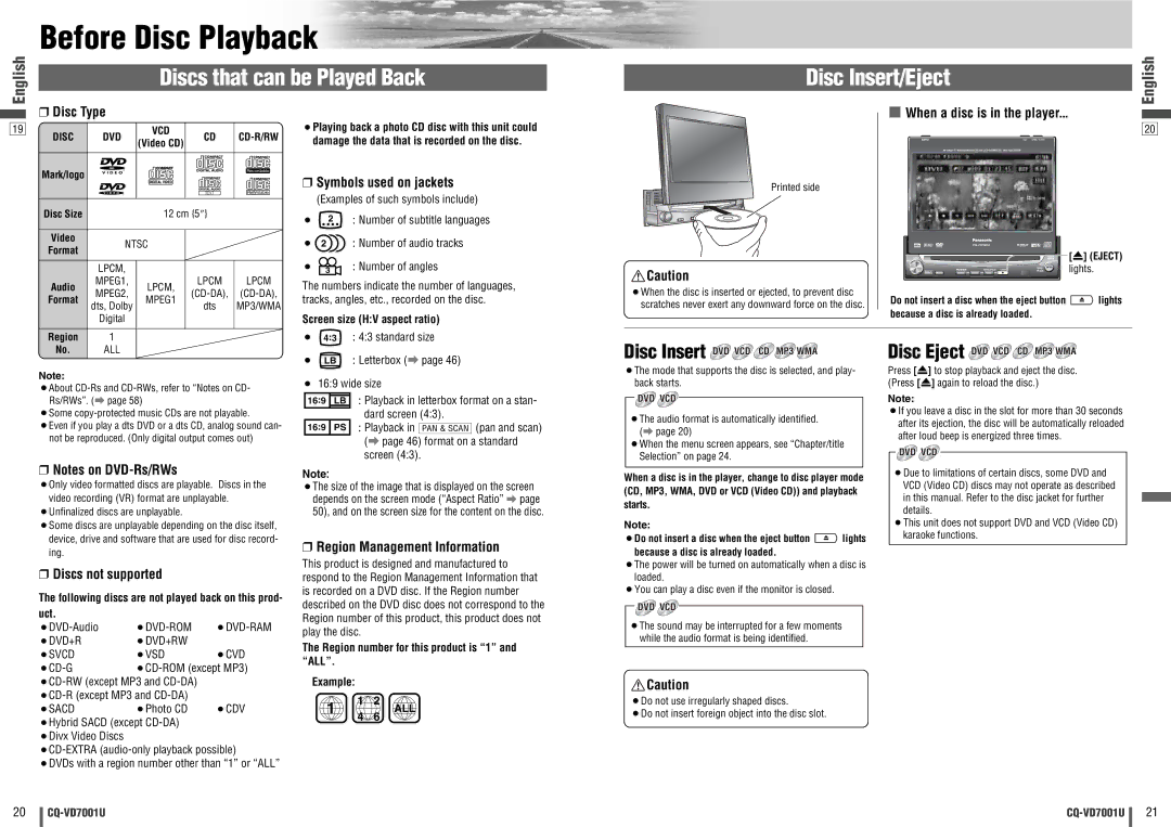 Panasonic CQ-VD7001U warranty Before Disc Playback, Discs that can be Played Back Disc Insert/Eject 