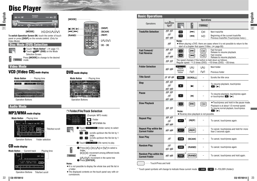 Panasonic CQ-VD7001U warranty Disc Player, VCD Video CD mode display, Disc Mode DVD Selection, Video Mode, Audio Mode 