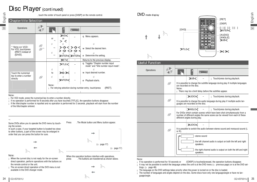 Panasonic CQ-VD7001U warranty Chapter/title Selection, Useful Function 