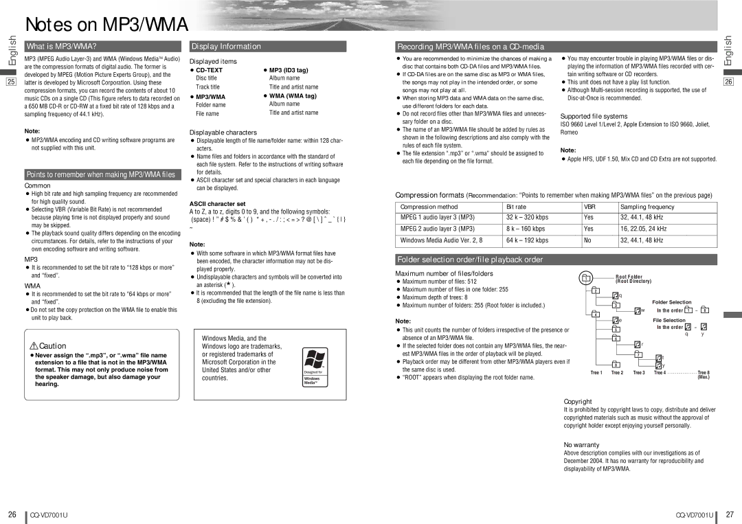 Panasonic CQ-VD7001U warranty MP3, Wma 