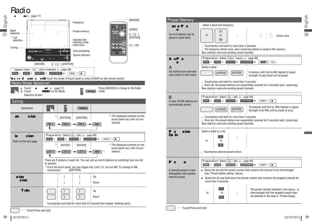 Panasonic CQ-VD7001U warranty Radio Mode Selection, Tuning, Preset Memory 