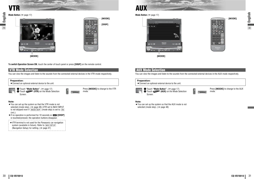 Panasonic CQ-VD7001U warranty VTR Mode Selection, AUX Mode Selection, Mode Disp, Preparation, Mode Button a 