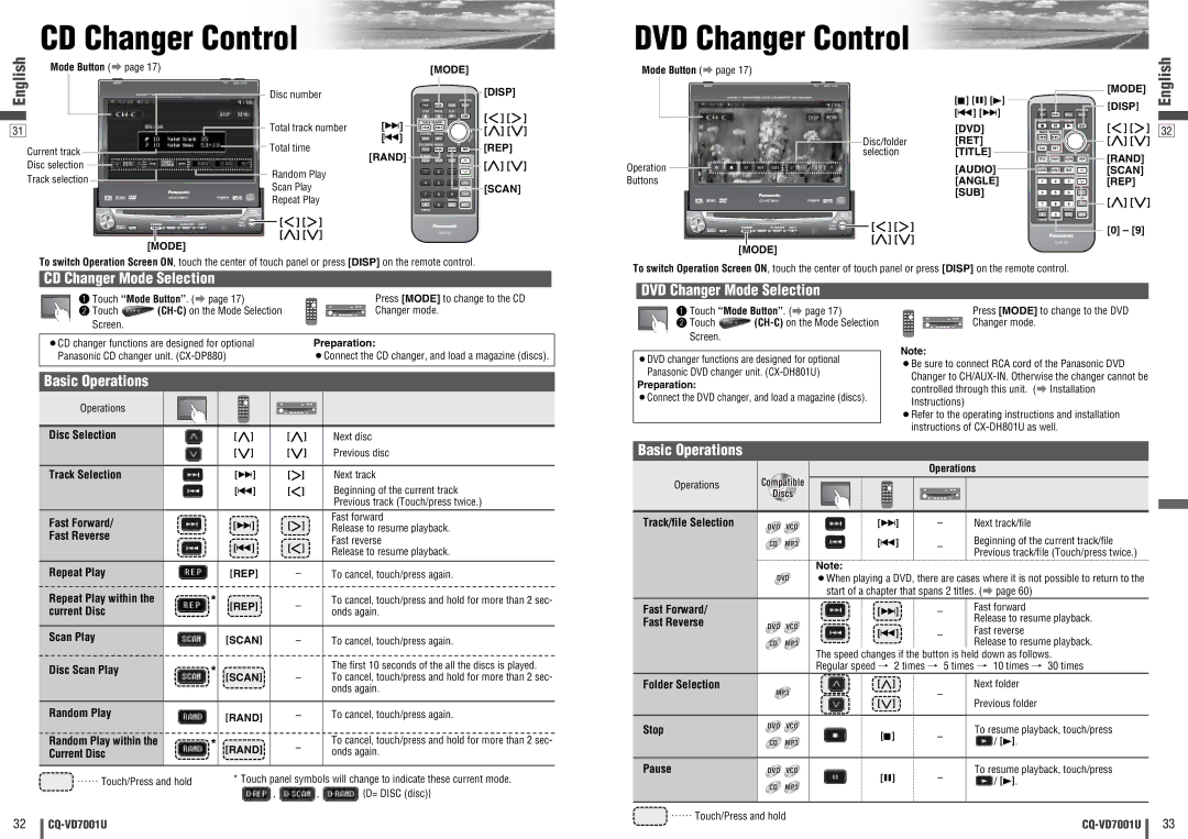 Panasonic CQ-VD7001U warranty CD Changer Control 