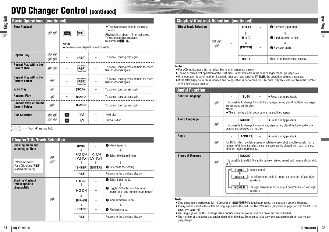 Panasonic CQ-VD7001U warranty DVD Changer Control, Basic Operations Chapter/title/track Selection 