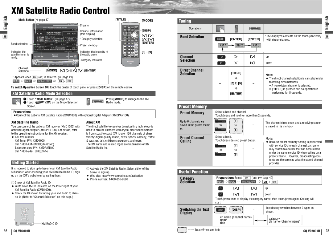 Panasonic CQ-VD7001U warranty XM Satellite Radio Control 