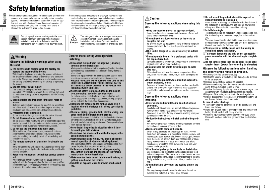 Panasonic CQ-VD7001U Observe the following cautions when using this unit, Observe the following warnings when installing 