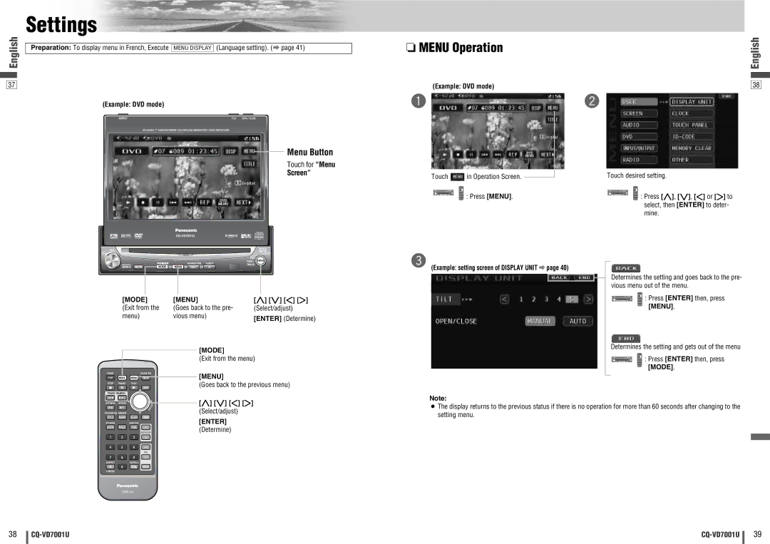 Panasonic CQ-VD7001U warranty Settings, Menu Button, Mode Menu, Determine 