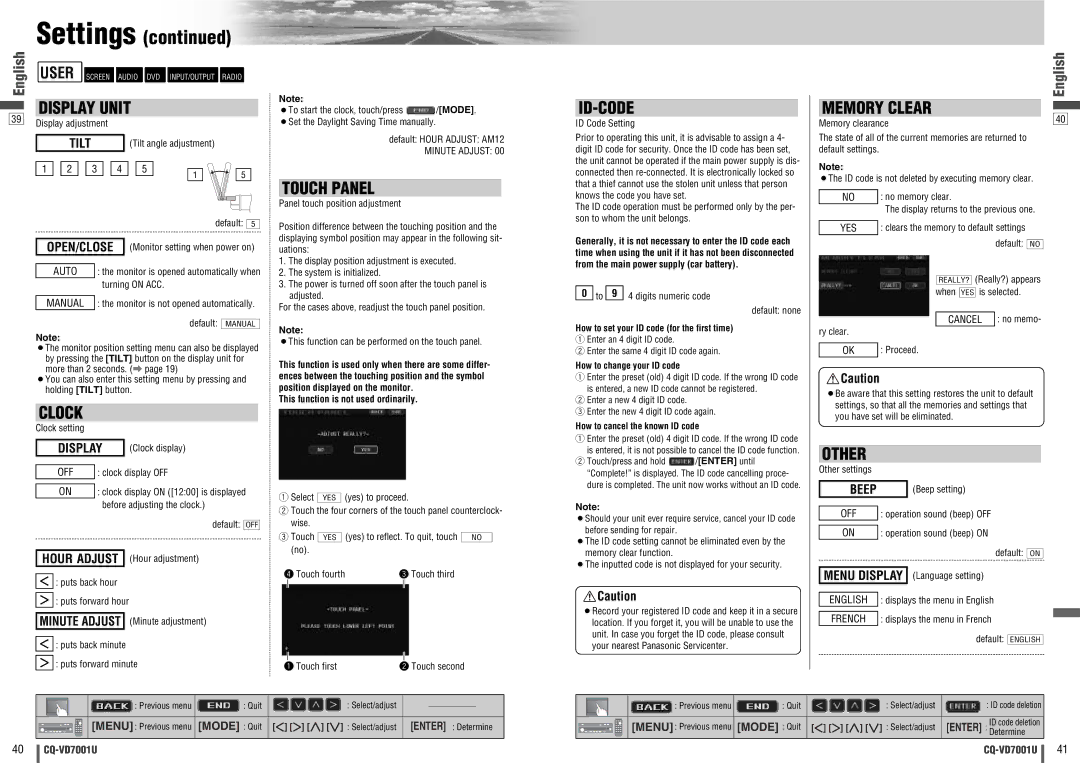 Panasonic CQ-VD7001U warranty Open/Close, Minute Adjust, Beep, Menu Display 