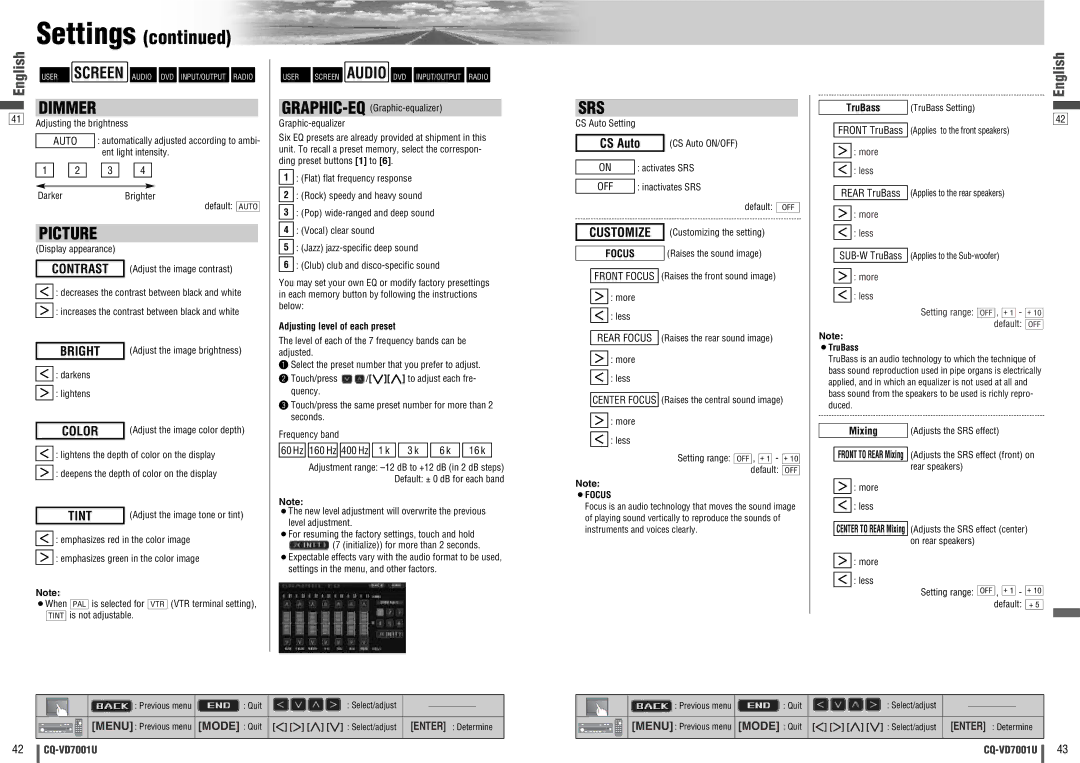 Panasonic CQ-VD7001U warranty CS Auto, Bright, Color, Tint 