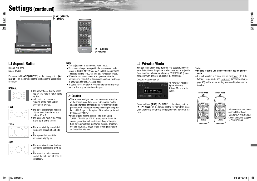 Panasonic CQ-VD7001U warranty Aspect Ratio, Private Mode 