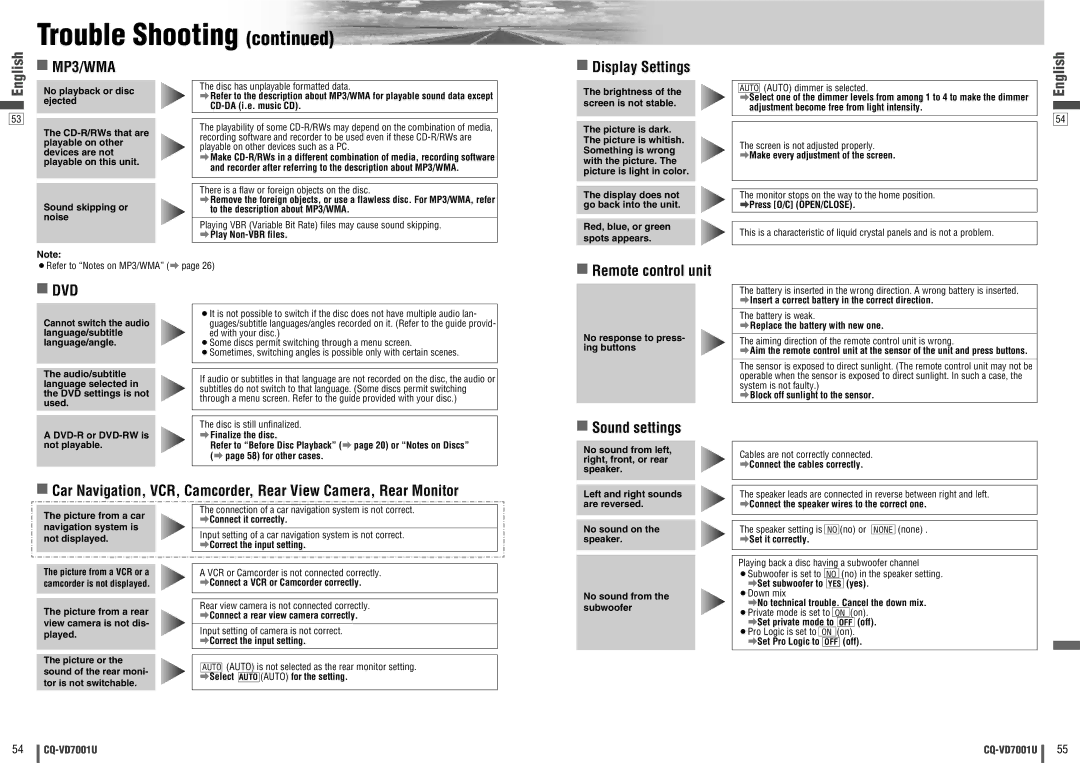 Panasonic CQ-VD7001U warranty Display Settings, Remote control unit, Sound settings 