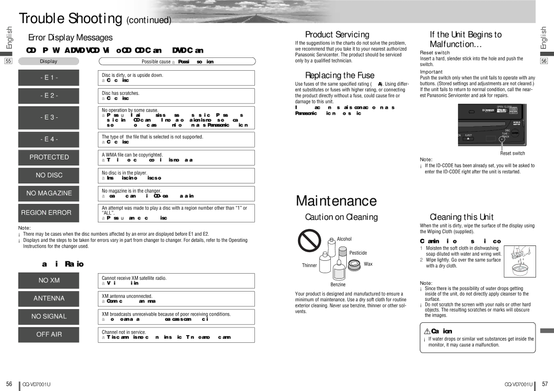 Panasonic CQ-VD7001U warranty Maintenance 