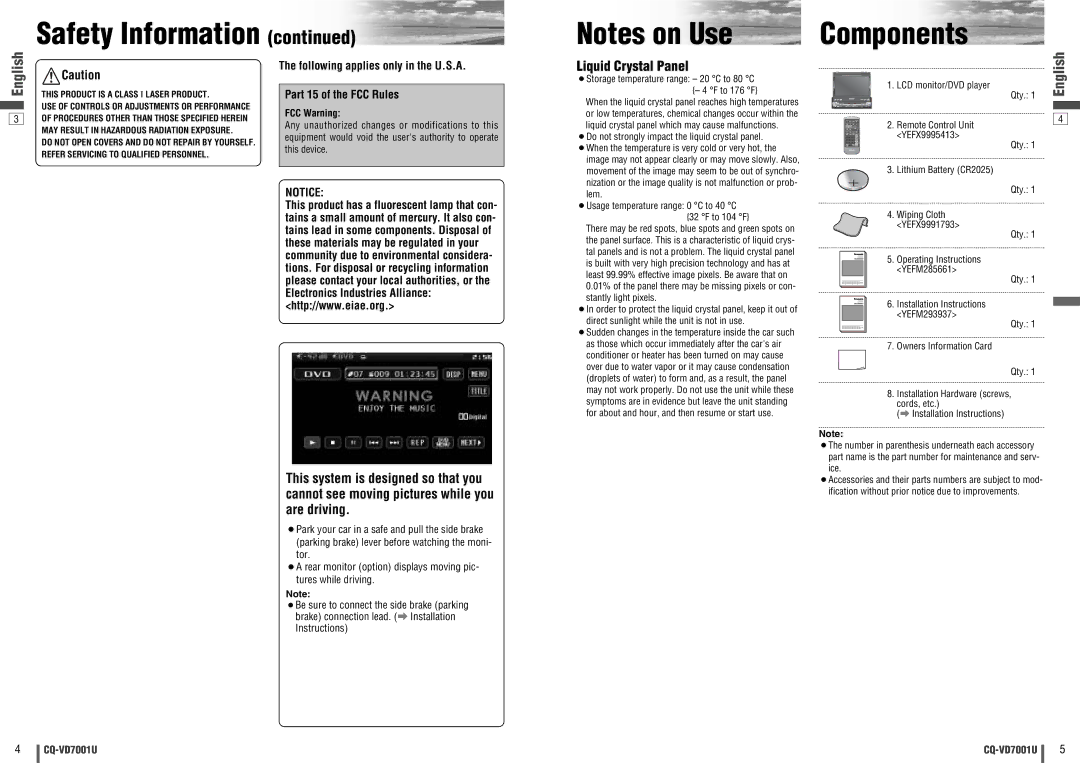 Panasonic CQ-VD7001U warranty Components, Liquid Crystal Panel, FCC Warning 