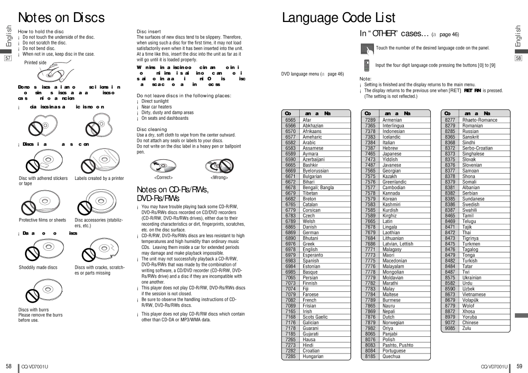 Panasonic CQ-VD7001U warranty Language Code List, DVD-Rs/RWs, Other cases... a, Code Language Name 