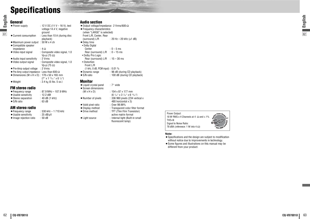 Panasonic CQ-VD7001U warranty Specifications 