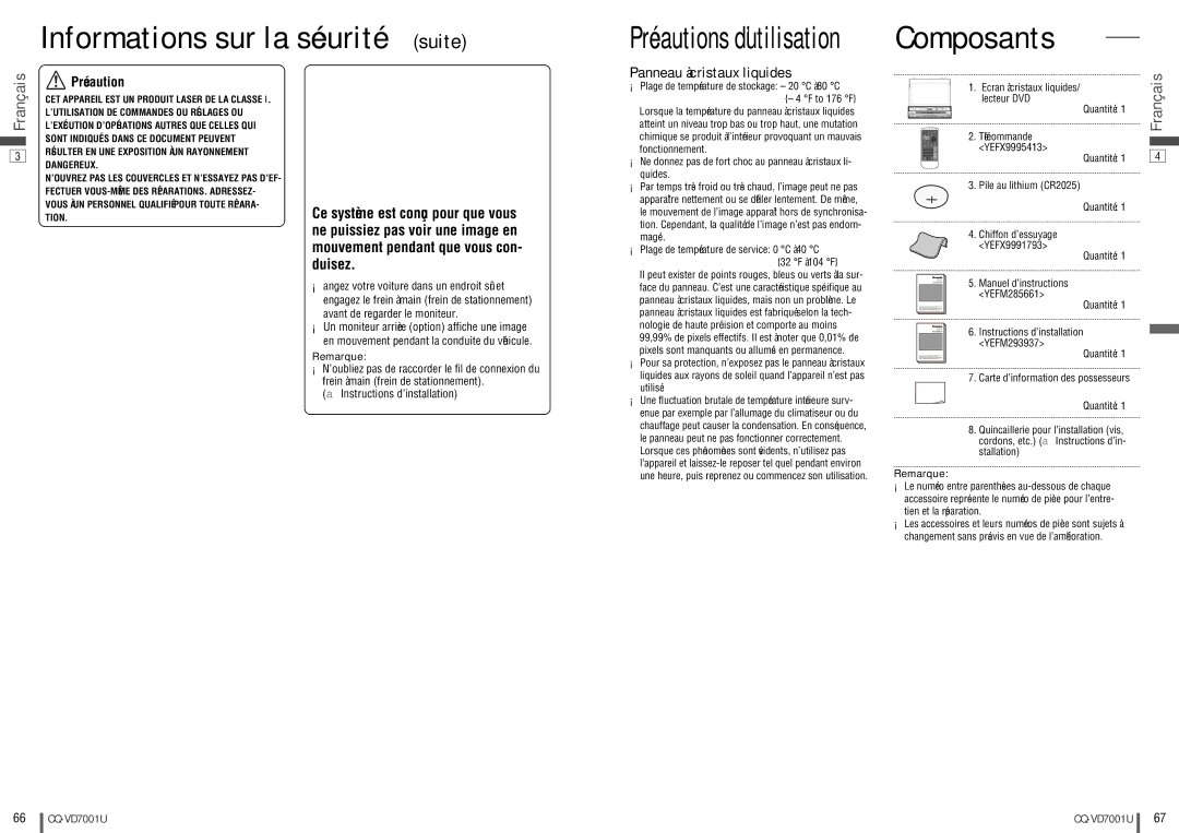 Panasonic CQ-VD7001U warranty Informations sur la sécurité suite, Composants, Panneau à cristaux liquides, Remarque 