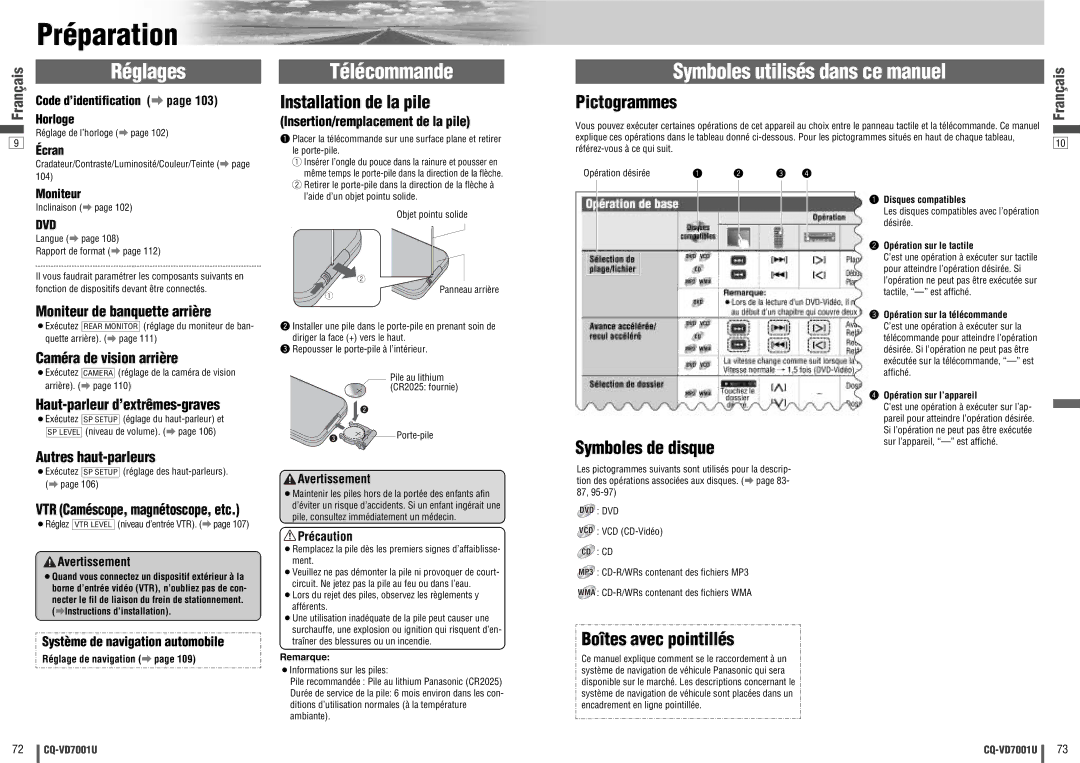 Panasonic CQ-VD7001U warranty Préparation, Réglages, Télécommande, Symboles utilisés dans ce manuel 