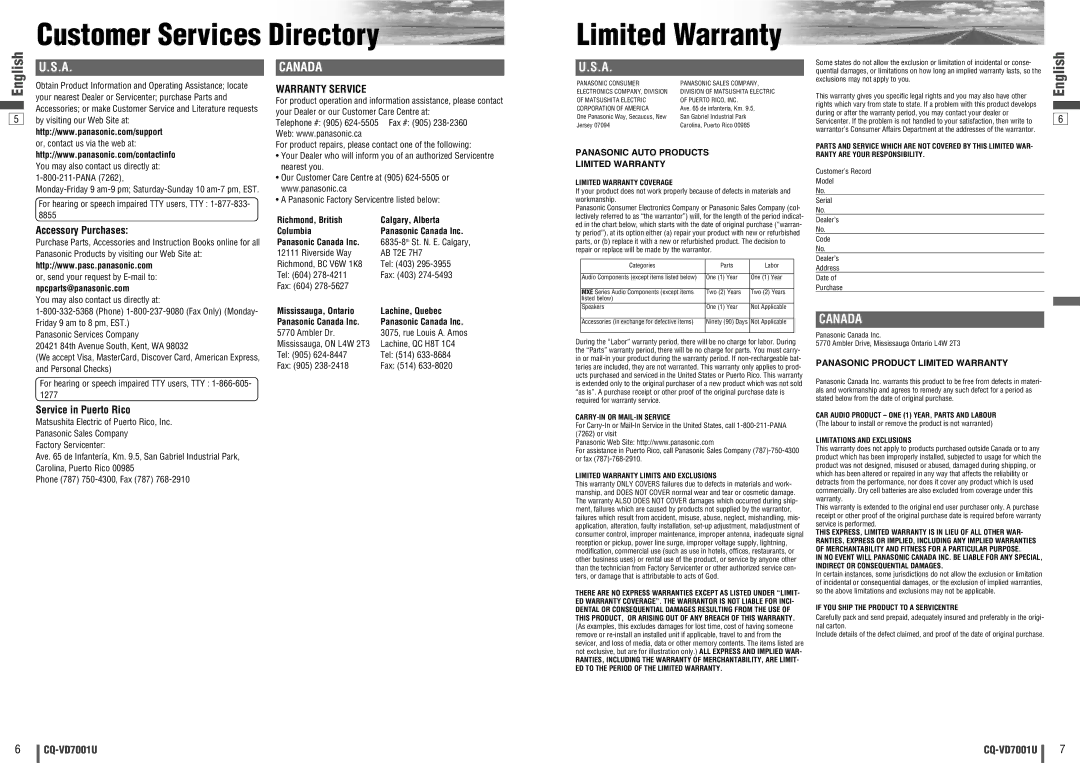 Panasonic CQ-VD7001U warranty Customer Services Directory Limited Warranty, Accessory Purchases, Service in Puerto Rico 