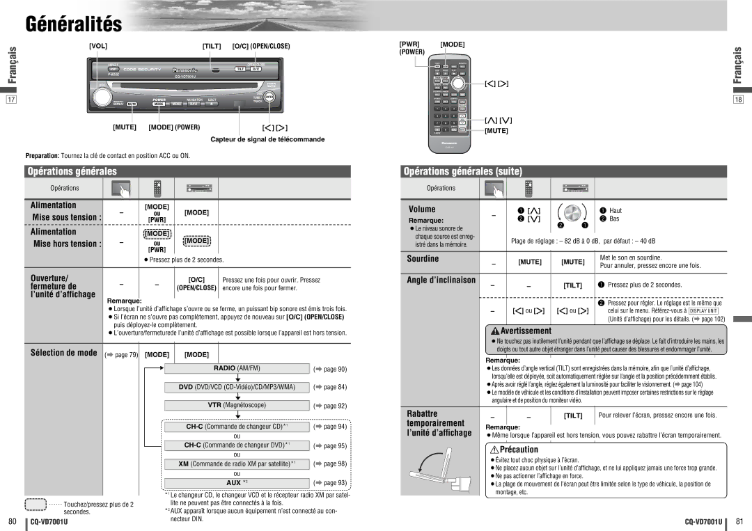 Panasonic CQ-VD7001U warranty Généralités, Opérations générales suite 