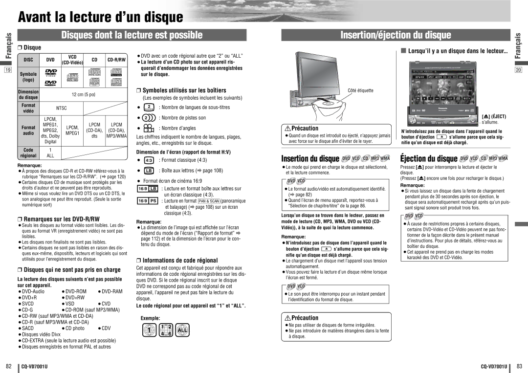 Panasonic CQ-VD7001U warranty Avant la lecture d’un disque, Disques dont la lecture est possible 