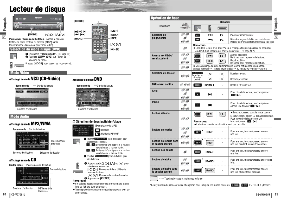 Panasonic CQ-VD7001U warranty Sélection du mode disque DVD, Mode Vidéo, Mode Audio, Sélection de dossier/fichier/plage 