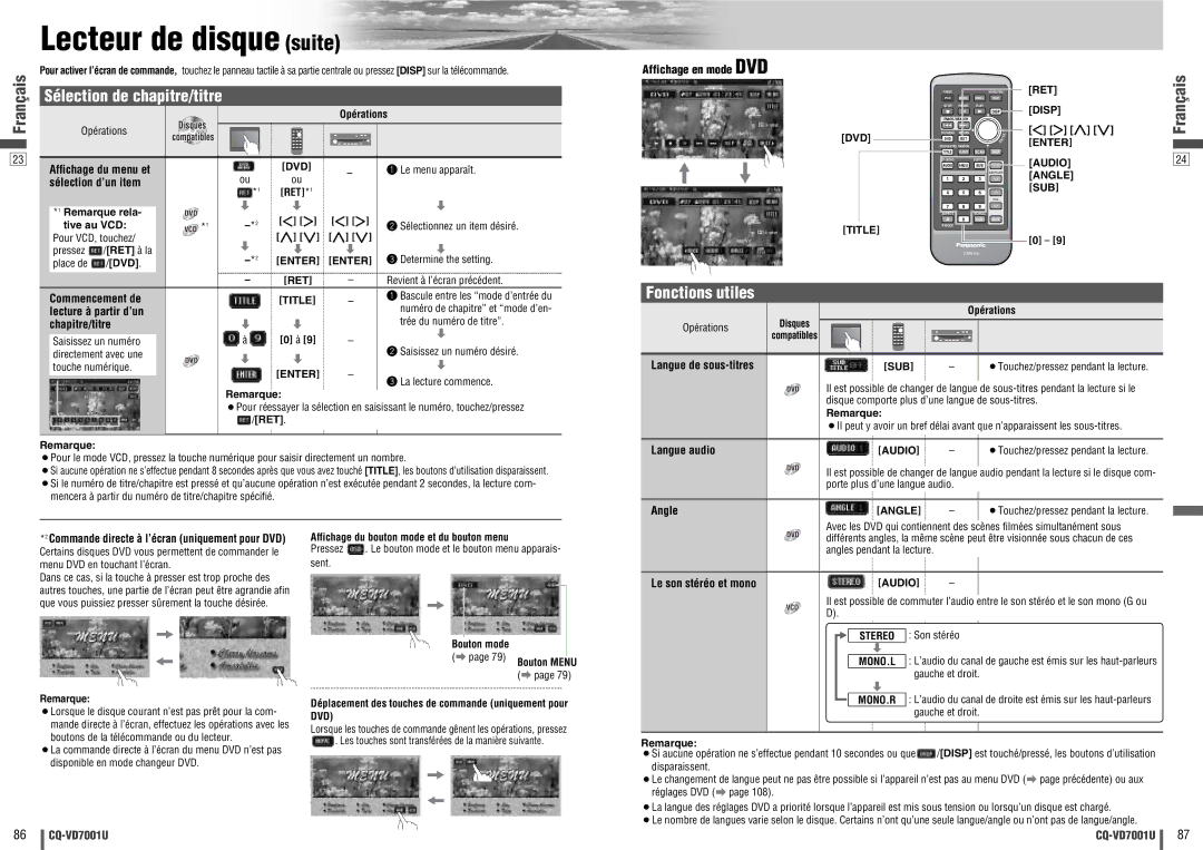 Panasonic CQ-VD7001U warranty Lecteur de disque suite, Fonctions utiles 